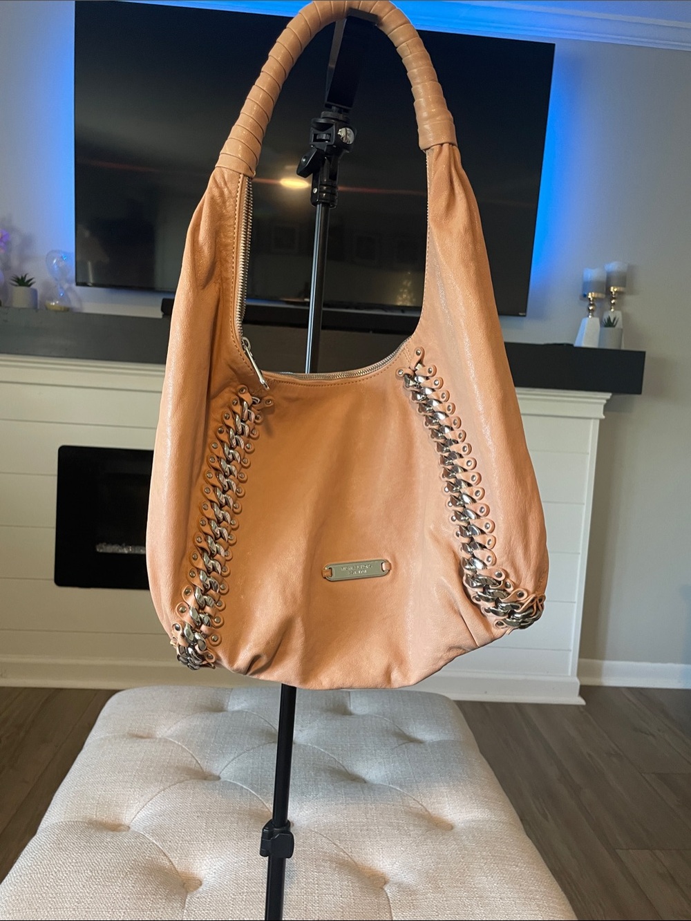 Michael Kors Peach-Tan Chain-Trim Shoulder Hobo